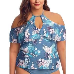 New Raisins Curve Women's Plus Tropical Floral Print Ruffle Swim Tankini Top